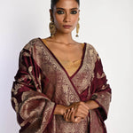 Maroon Satin Silk Mashru Banarasi Saree with Matt Gold Jaal Zari Work - Anvi Couture