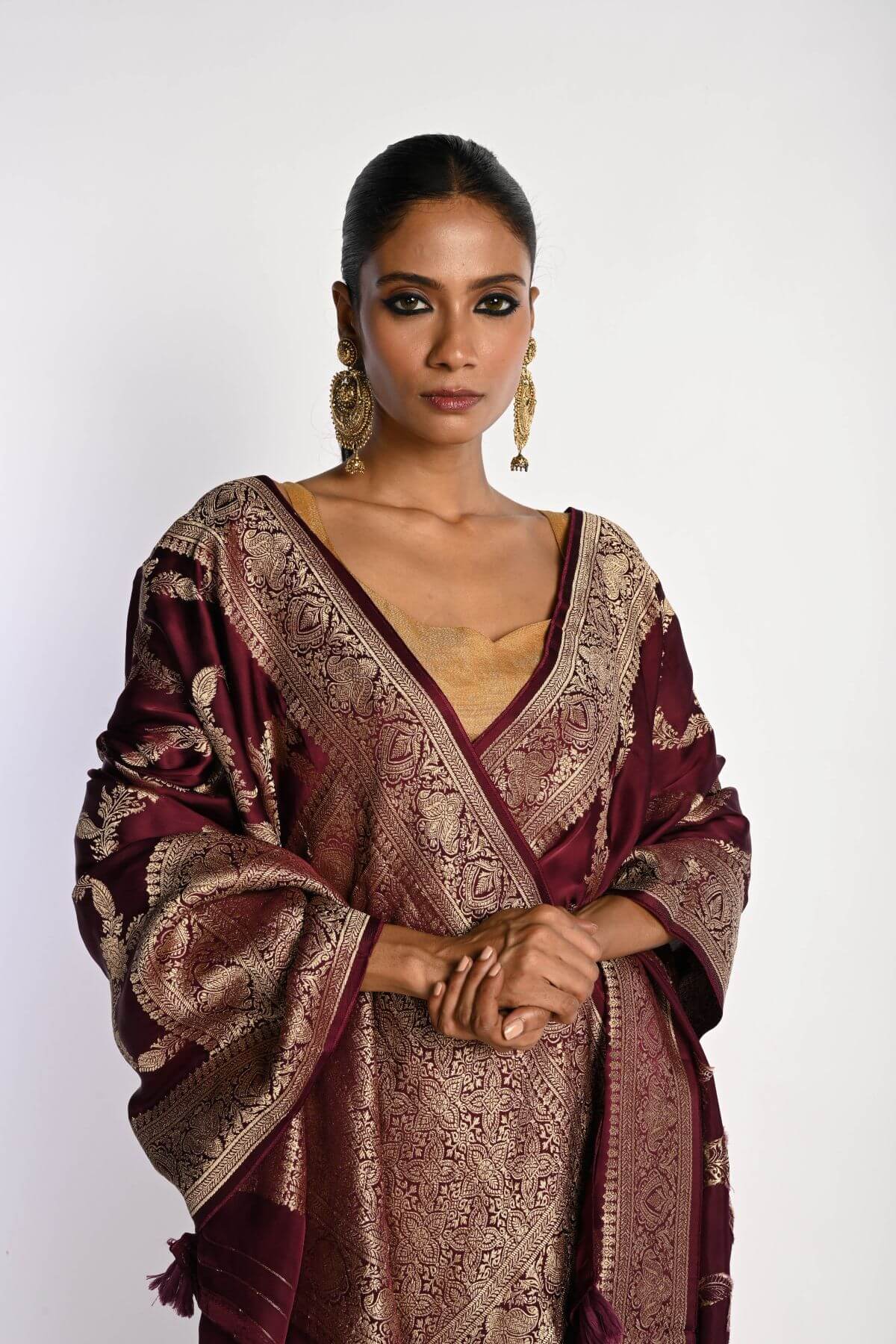 Maroon Satin Silk Mashru Banarasi Saree with Matt Gold Jaal Zari Work - Anvi Couture