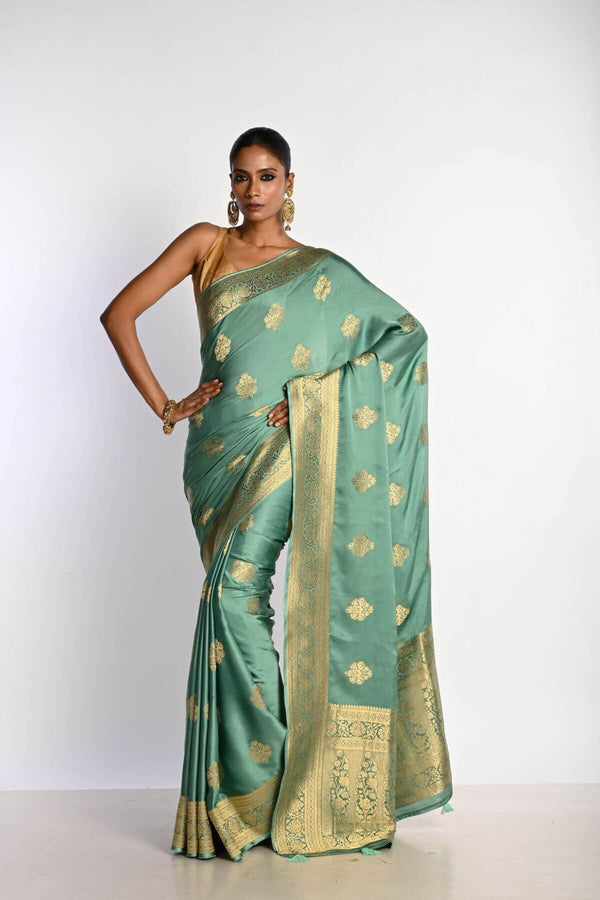 Aqua Blue Mashru Satin Silk Banarasi Saree – full front drape view