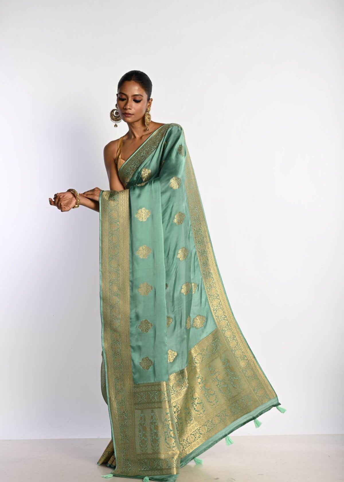 Aqua Blue Satin Silk Mashru Banarasi with Gold Zari Work - Anvi Couture