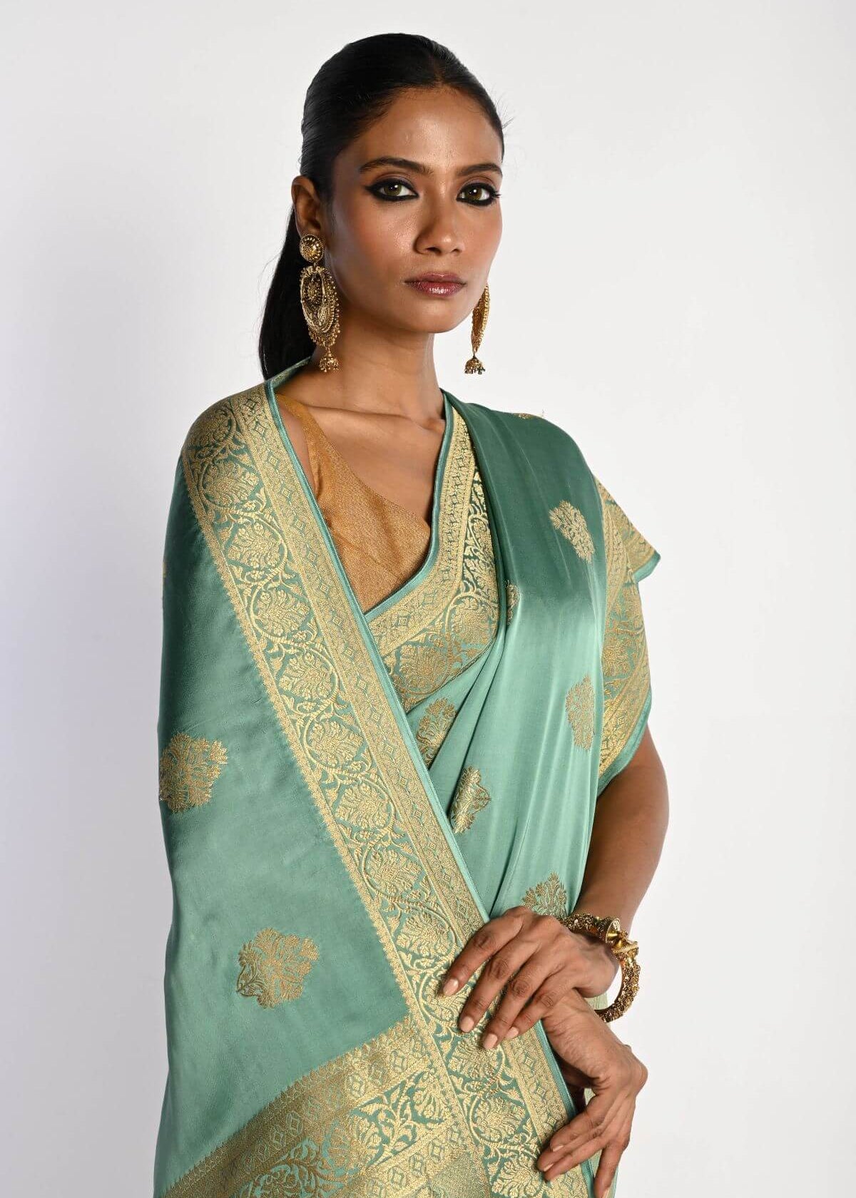Aqua Blue Satin Silk Mashru Banarasi with Gold Zari Work - Anvi Couture