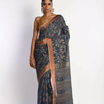 Dark Grey Tant Jamdani Saree with All Over Floral Weaving - Anvi Couture