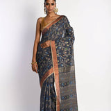 Dark Grey Tant Jamdani Saree with All Over Floral Weaving - Anvi Couture