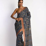 Dark Grey Tant Jamdani Saree with All Over Floral Weaving - Anvi Couture