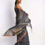 Dark Grey Tant Jamdani Saree with All Over Floral Weaving - Anvi Couture