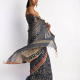 Dark Grey Tant Jamdani Saree with All Over Floral Weaving - Anvi Couture