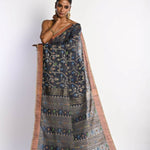 Dark Grey Tant Jamdani Saree with All Over Floral Weaving - Anvi Couture