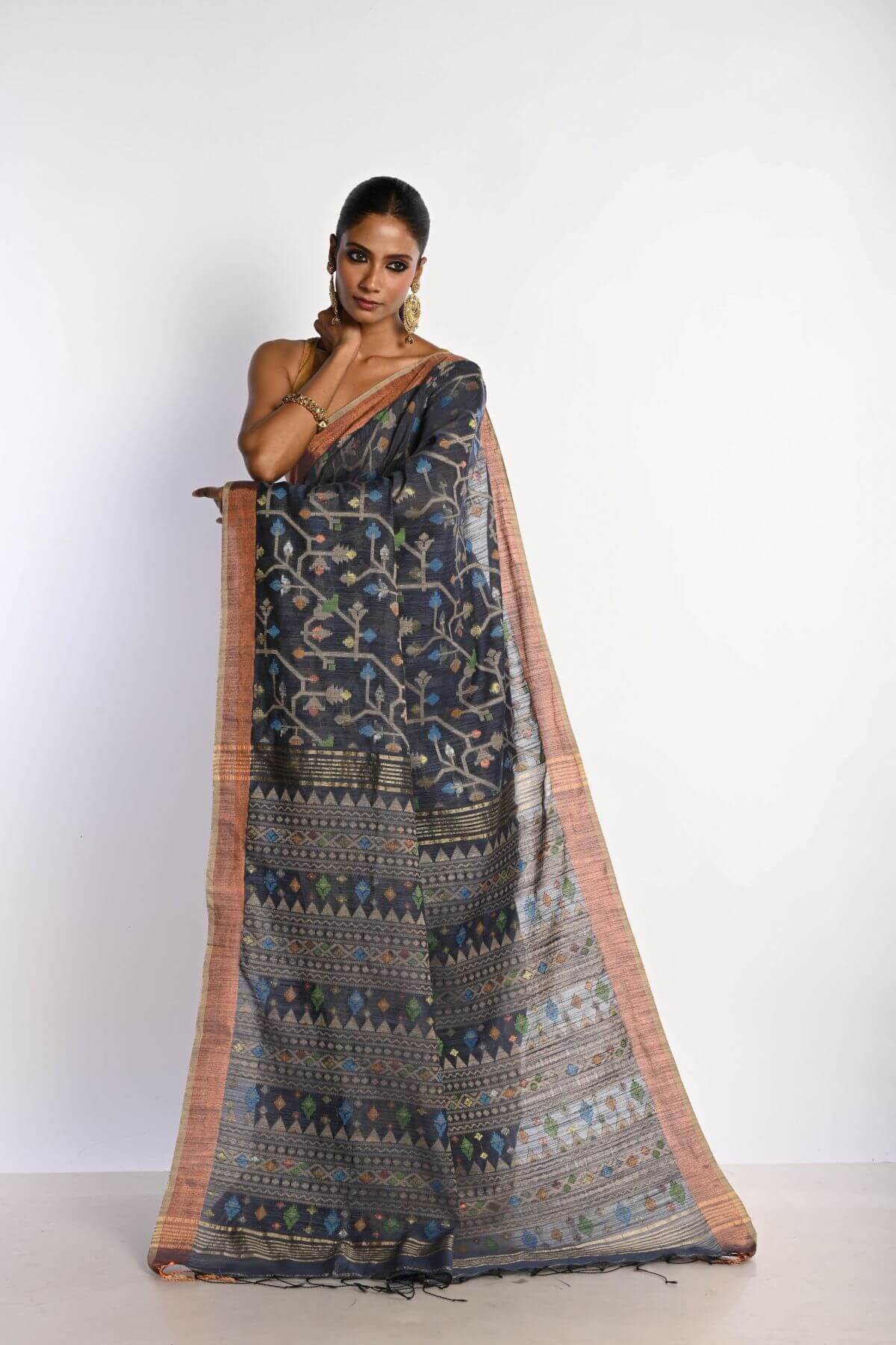 Dark Grey Tant Jamdani Saree with All Over Floral Weaving - Anvi Couture