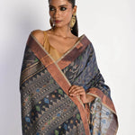 Dark Grey Tant Jamdani Saree with All Over Floral Weaving - Anvi Couture