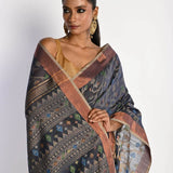 Dark Grey Tant Jamdani Saree with All Over Floral Weaving - Anvi Couture