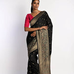 Black Banarasi Saree in Mashru Satin Silk with Matt Gold Zari Border - Anvi Couture