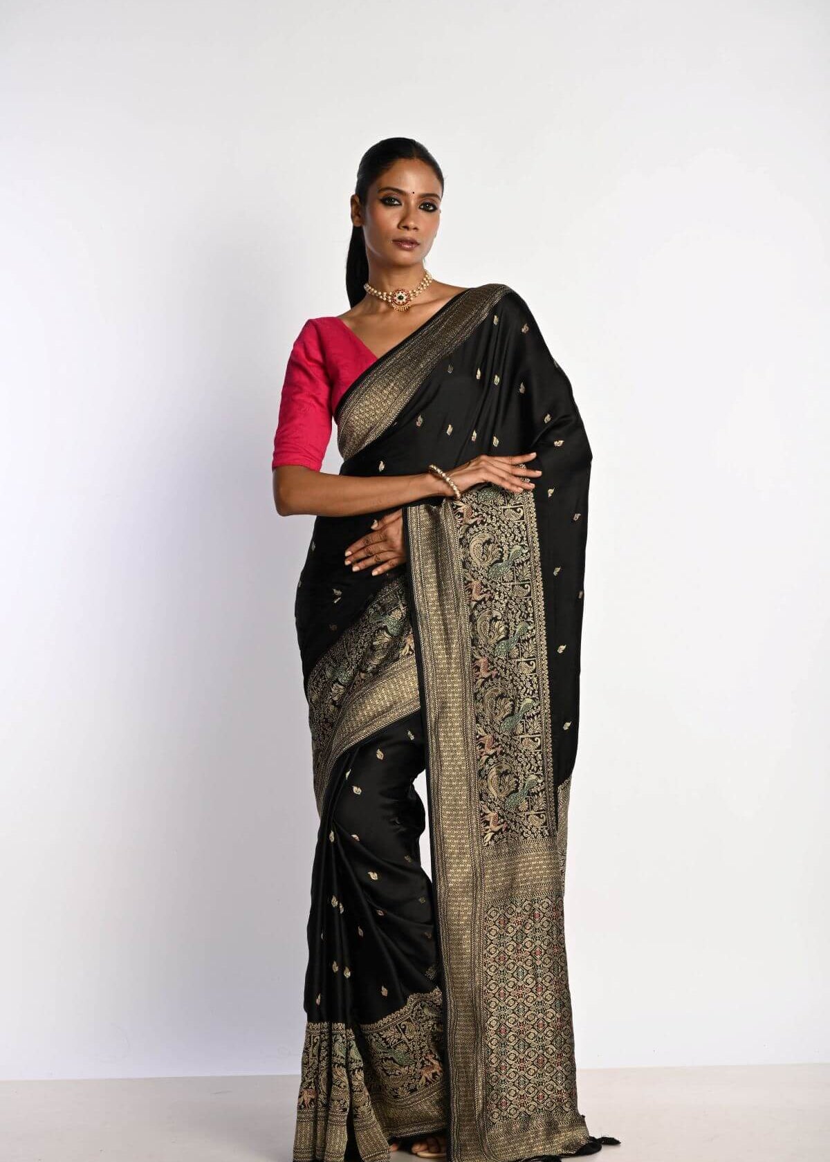 Black Banarasi Saree in Mashru Satin Silk with Matt Gold Zari Border - Anvi Couture