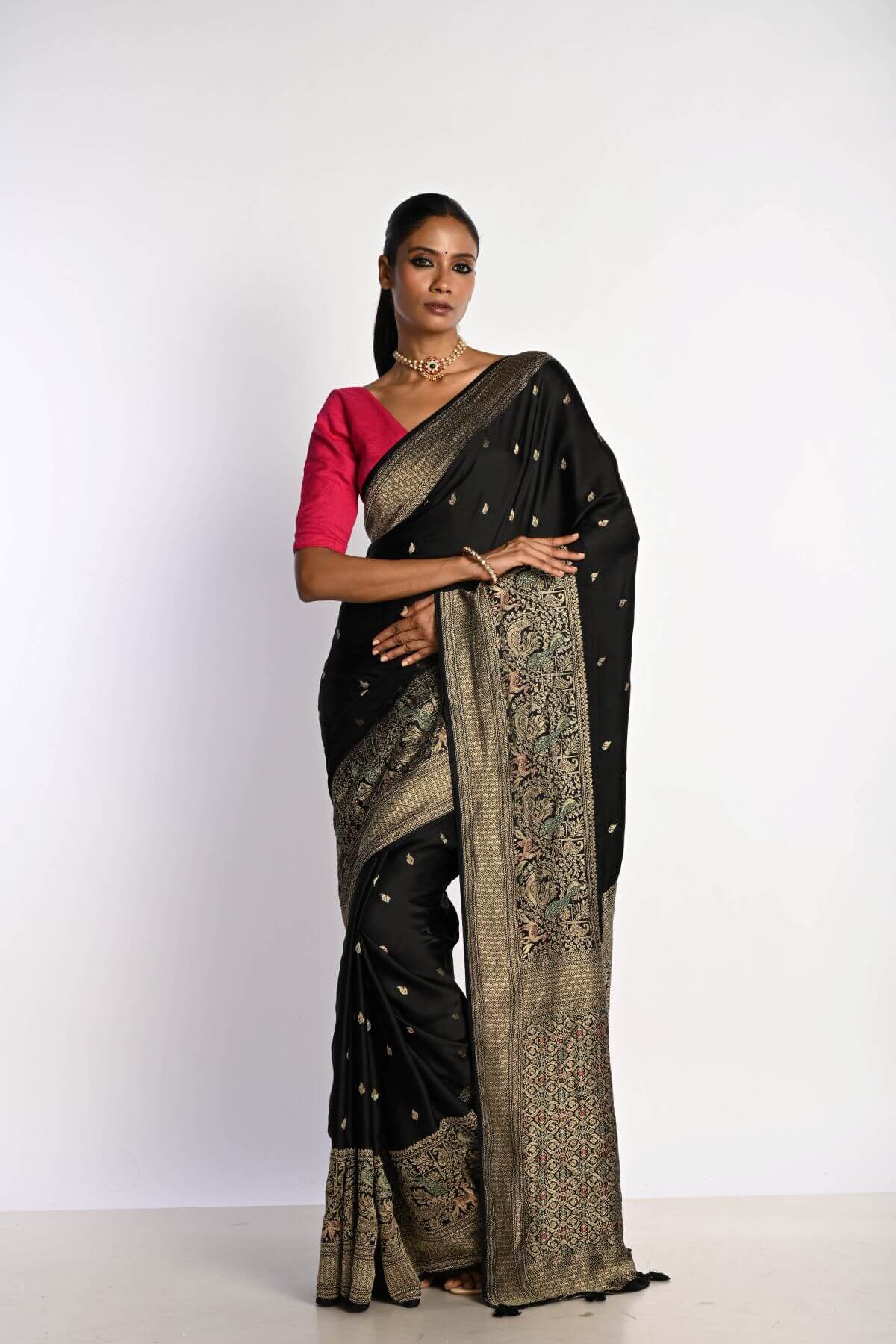 Black Banarasi Saree in Mashru Satin Silk with Matt Gold Zari Border - Anvi Couture