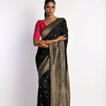 Black Banarasi Saree in Mashru Satin Silk with Matt Gold Zari Border - Anvi Couture