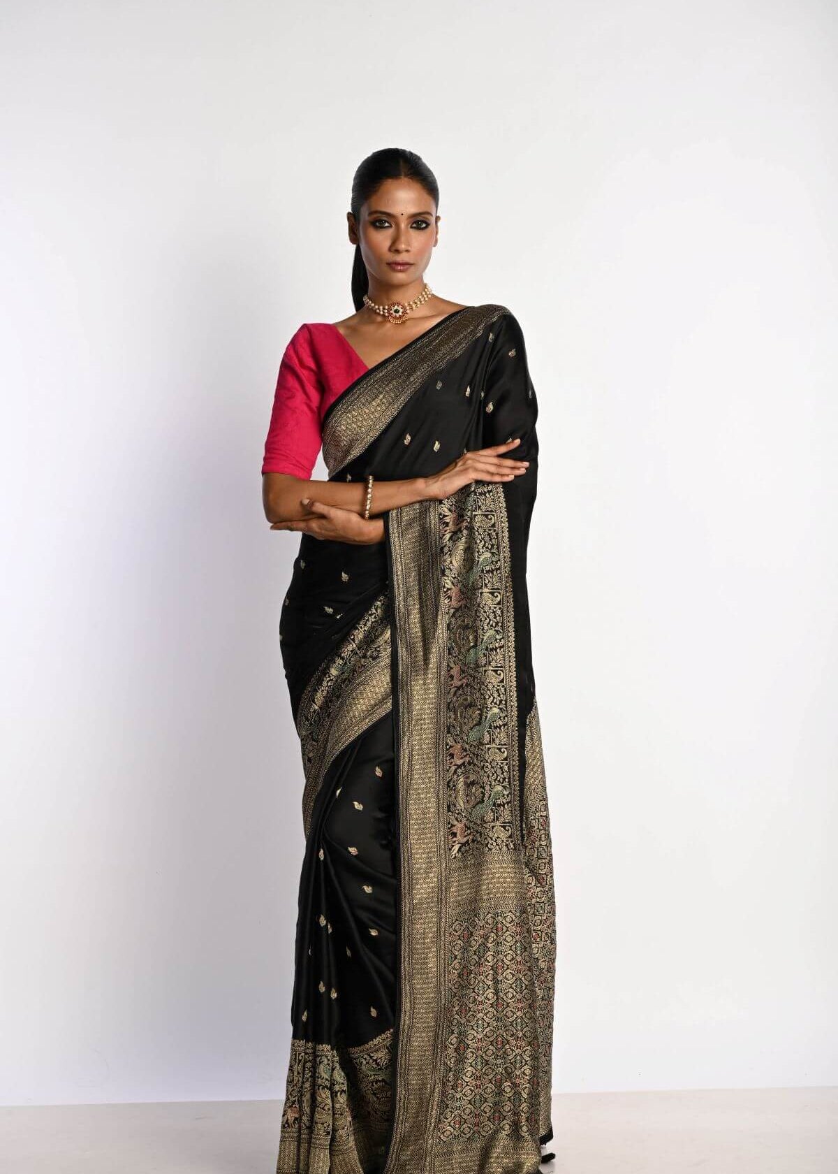 Black Banarasi Saree in Mashru Satin Silk with Matt Gold Zari Border - Anvi Couture