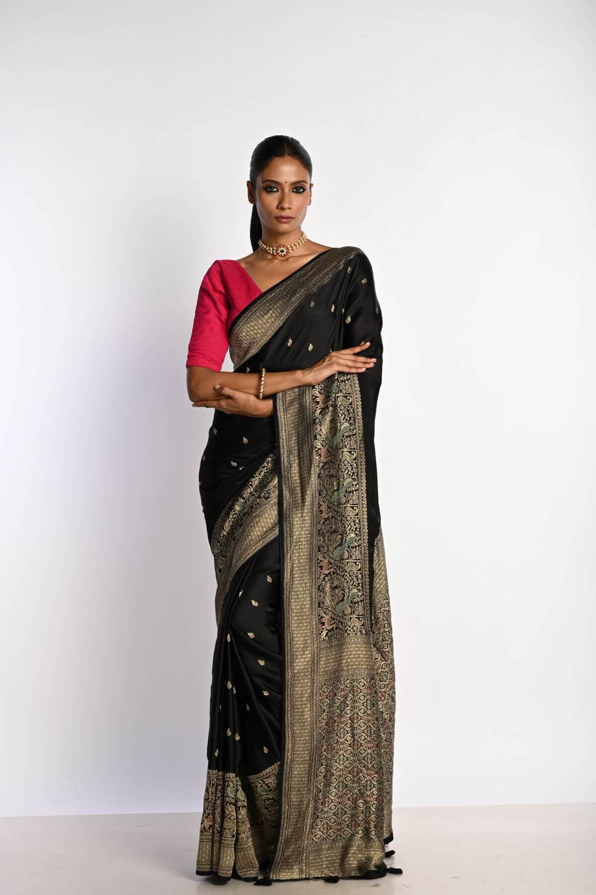 Black Banarasi Saree in Mashru Satin Silk with Matt Gold Zari Border - Anvi Couture