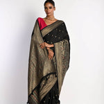 Black Banarasi Saree in Mashru Satin Silk with Matt Gold Zari Border - Anvi Couture