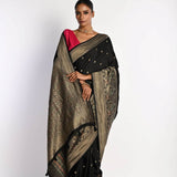 Black Banarasi Saree in Mashru Satin Silk with Matt Gold Zari Border - Anvi Couture