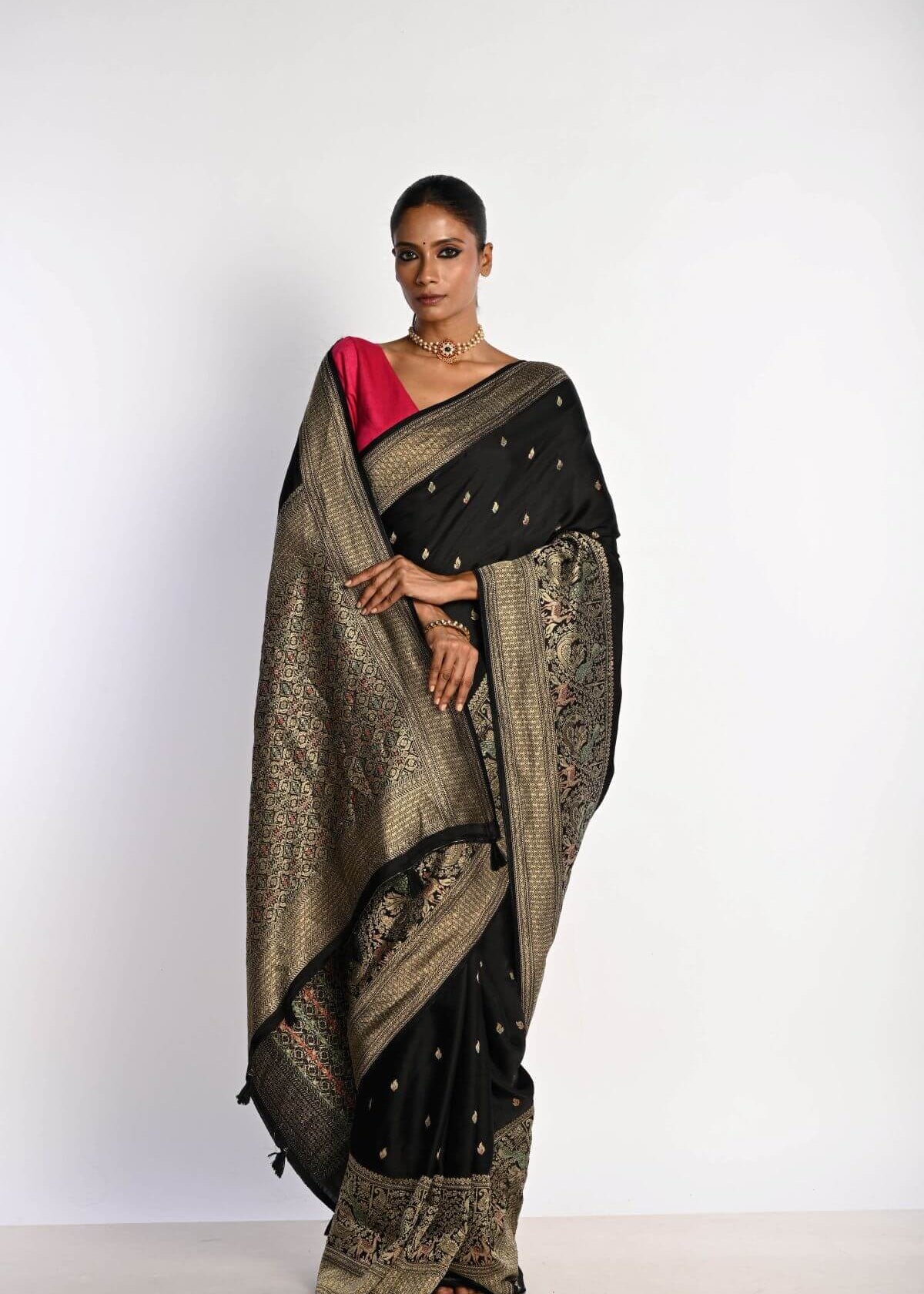 Black Banarasi Saree in Mashru Satin Silk with Matt Gold Zari Border - Anvi Couture