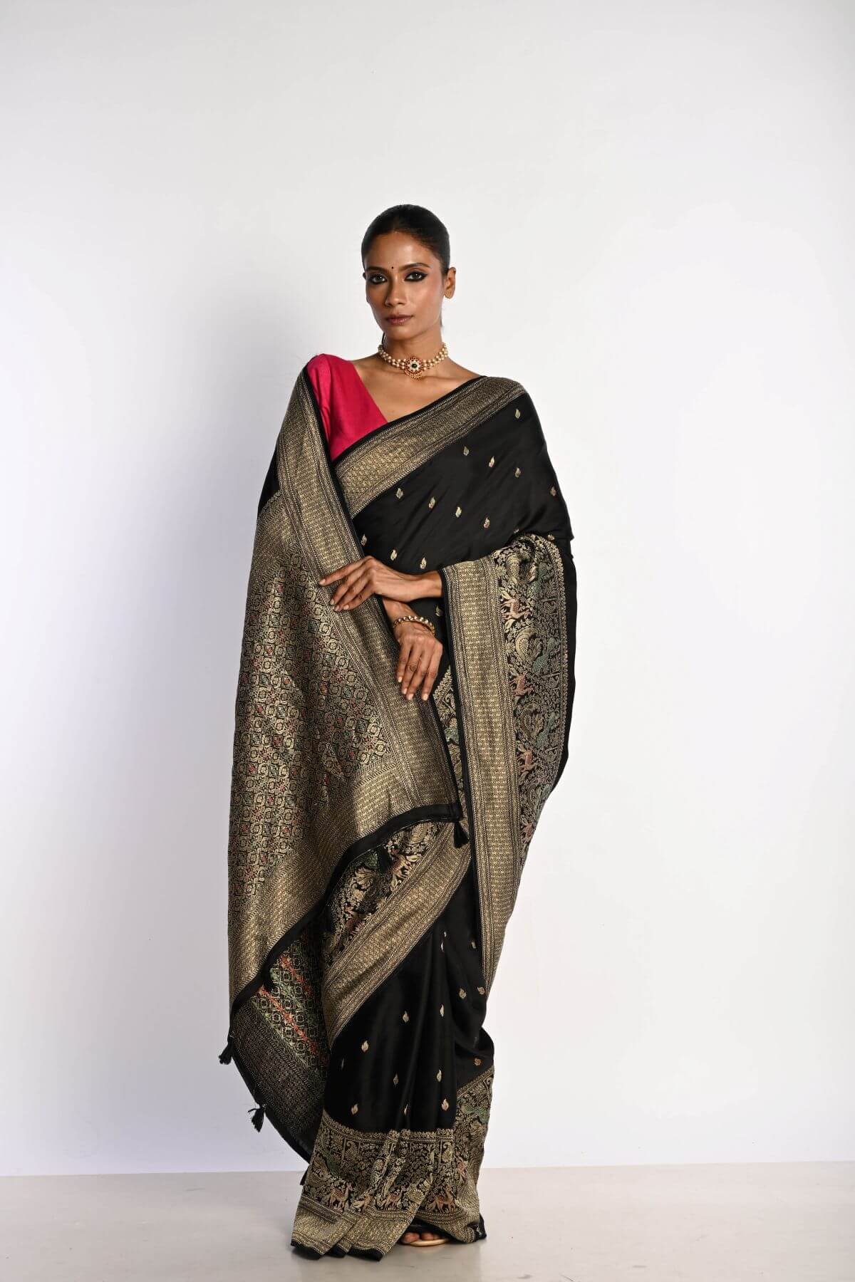 Black Banarasi Saree in Mashru Satin Silk with Matt Gold Zari Border - Anvi Couture