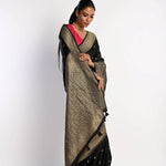 Black Banarasi Saree in Mashru Satin Silk with Matt Gold Zari Border - Anvi Couture