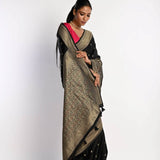 Black Banarasi Saree in Mashru Satin Silk with Matt Gold Zari Border - Anvi Couture