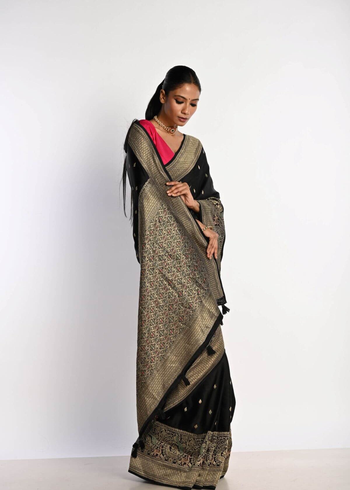 Black Banarasi Saree in Mashru Satin Silk with Matt Gold Zari Border - Anvi Couture