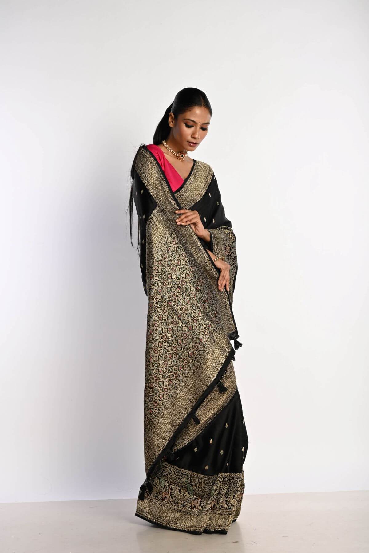 Black Banarasi Saree in Mashru Satin Silk with Matt Gold Zari Border - Anvi Couture