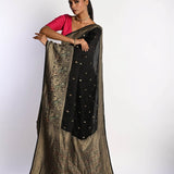 Black Banarasi Saree in Mashru Satin Silk with Matt Gold Zari Border - Anvi Couture