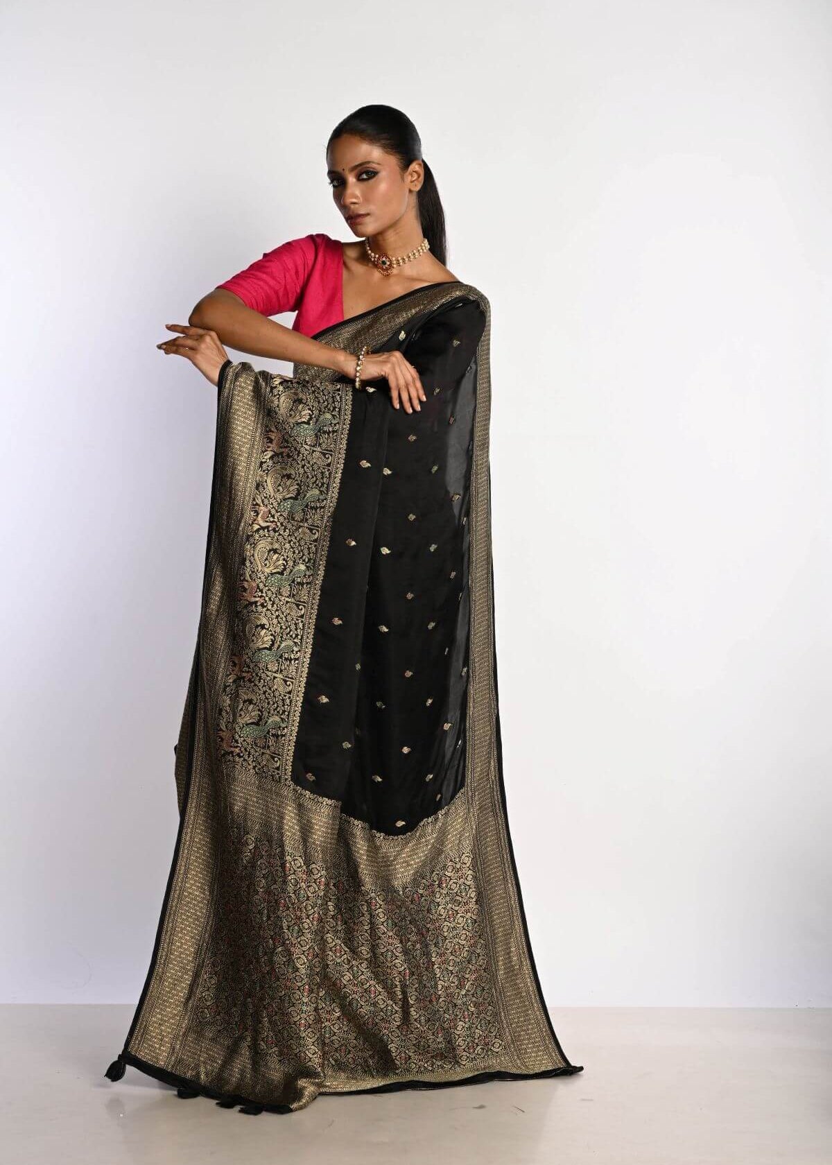 Black Banarasi Saree in Mashru Satin Silk with Matt Gold Zari Border - Anvi Couture