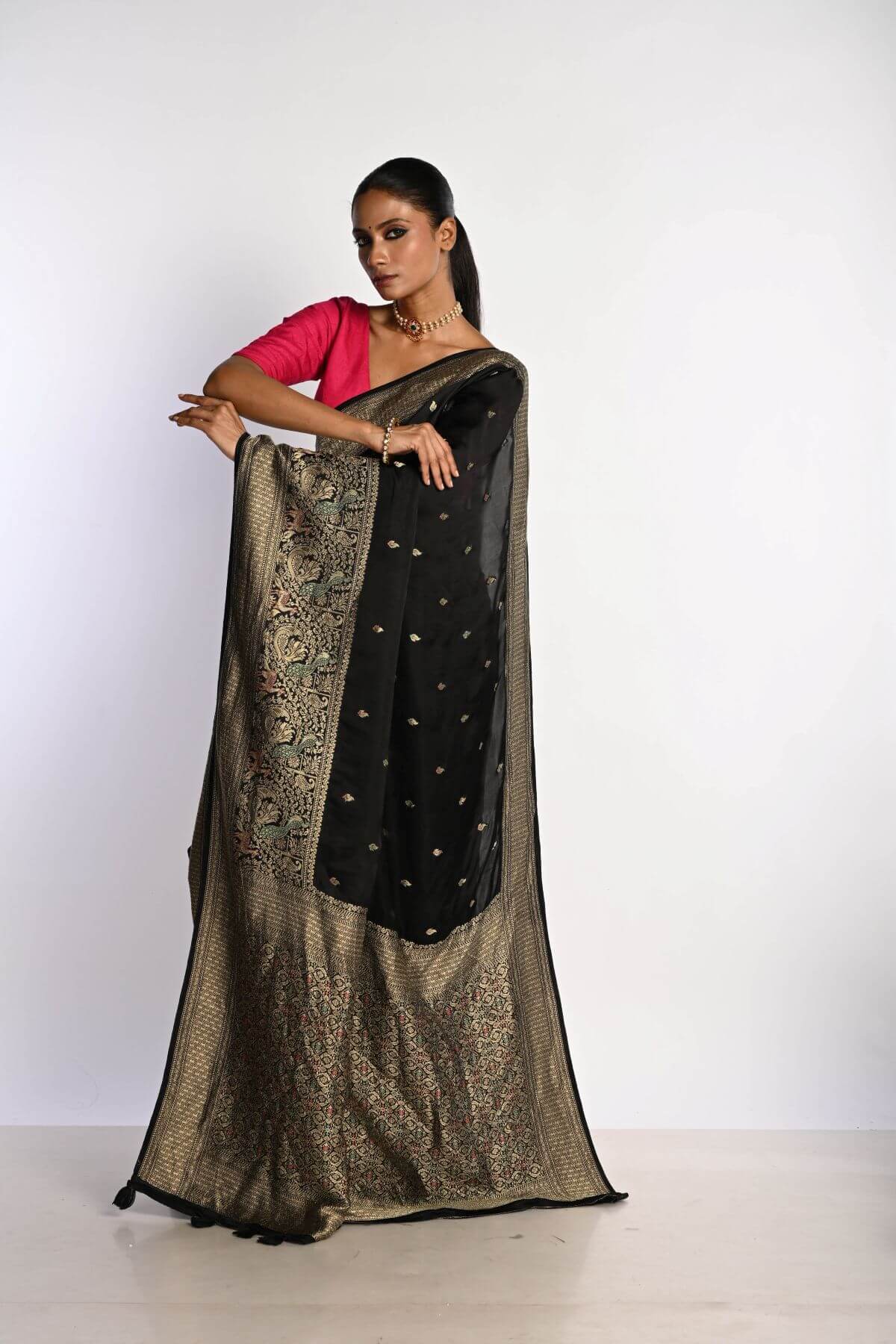 Black Banarasi Saree in Mashru Satin Silk with Matt Gold Zari Border - Anvi Couture