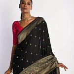 Black Banarasi Saree in Mashru Satin Silk with Matt Gold Zari Border - Anvi Couture