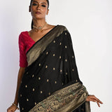 Black Banarasi Saree in Mashru Satin Silk with Matt Gold Zari Border - Anvi Couture