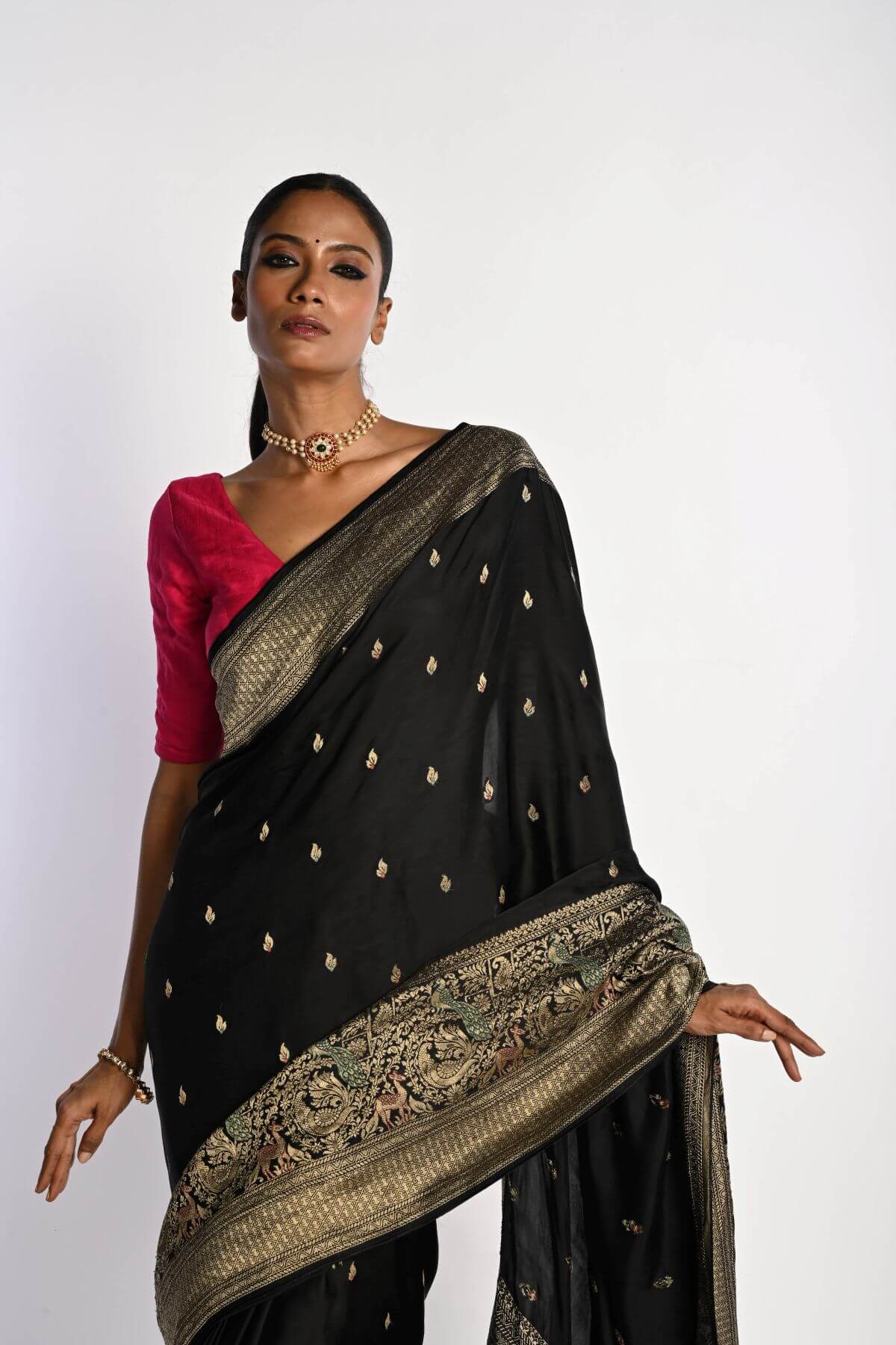 Black Banarasi Saree in Mashru Satin Silk with Matt Gold Zari Border - Anvi Couture