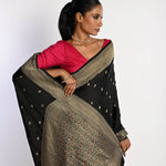 Black Banarasi Saree in Mashru Satin Silk with Matt Gold Zari Border - Anvi Couture