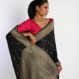 Black Banarasi Saree in Mashru Satin Silk with Matt Gold Zari Border - Anvi Couture