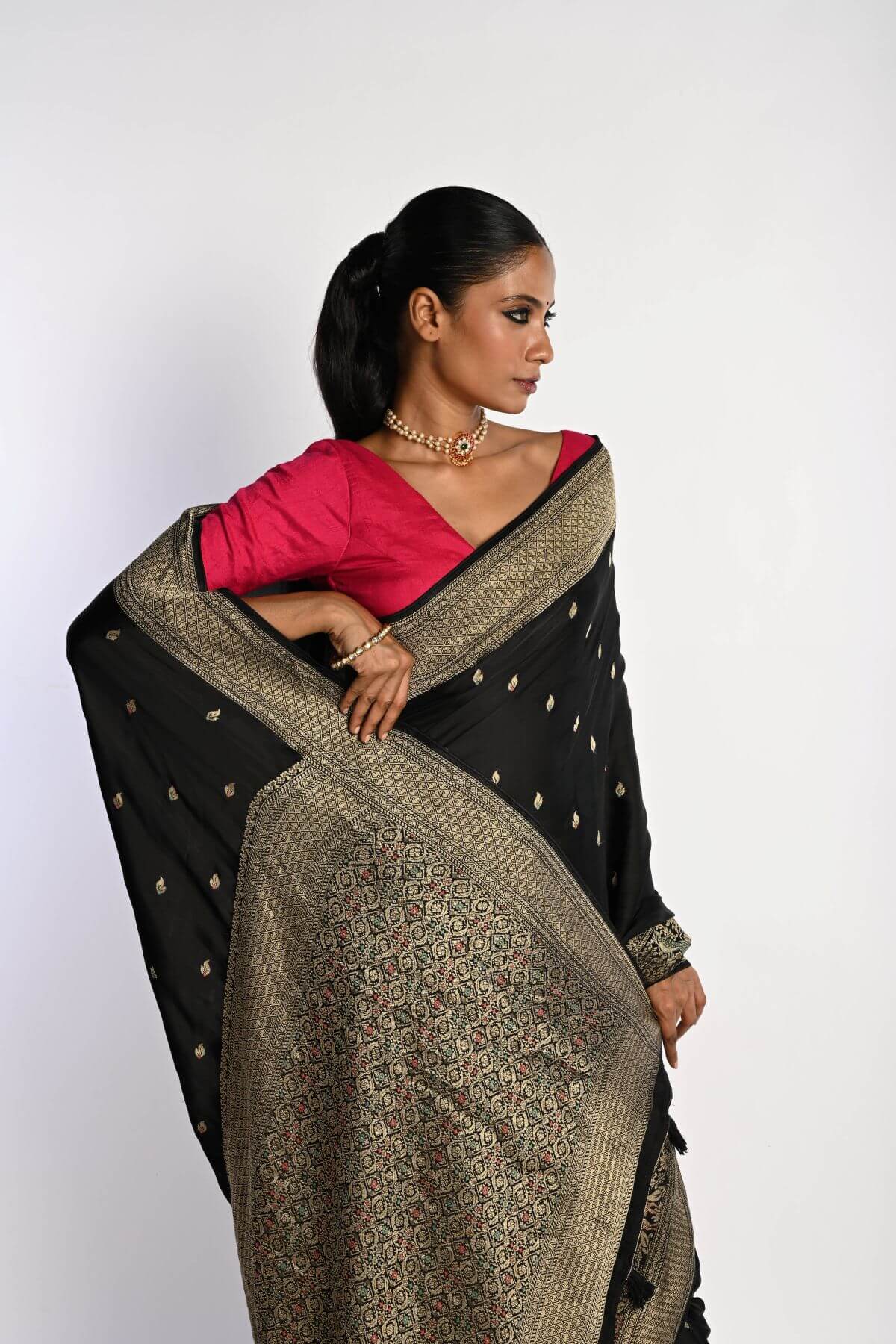 Black Banarasi Saree in Mashru Satin Silk with Matt Gold Zari Border - Anvi Couture