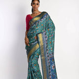 Blue Patola Silk Saree with Gold Zari Border - Anvi Couture