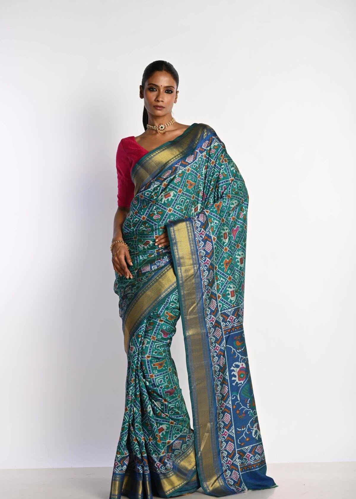 Blue Patola Silk Saree with Gold Zari Border - Anvi Couture