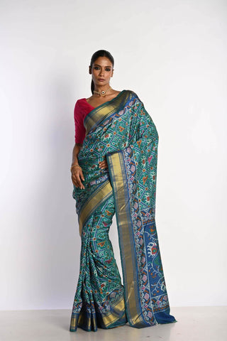 Blue Patola Silk Saree with Gold Zari Border