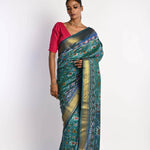 Blue Patola Silk Saree with Gold Zari Border - Anvi Couture