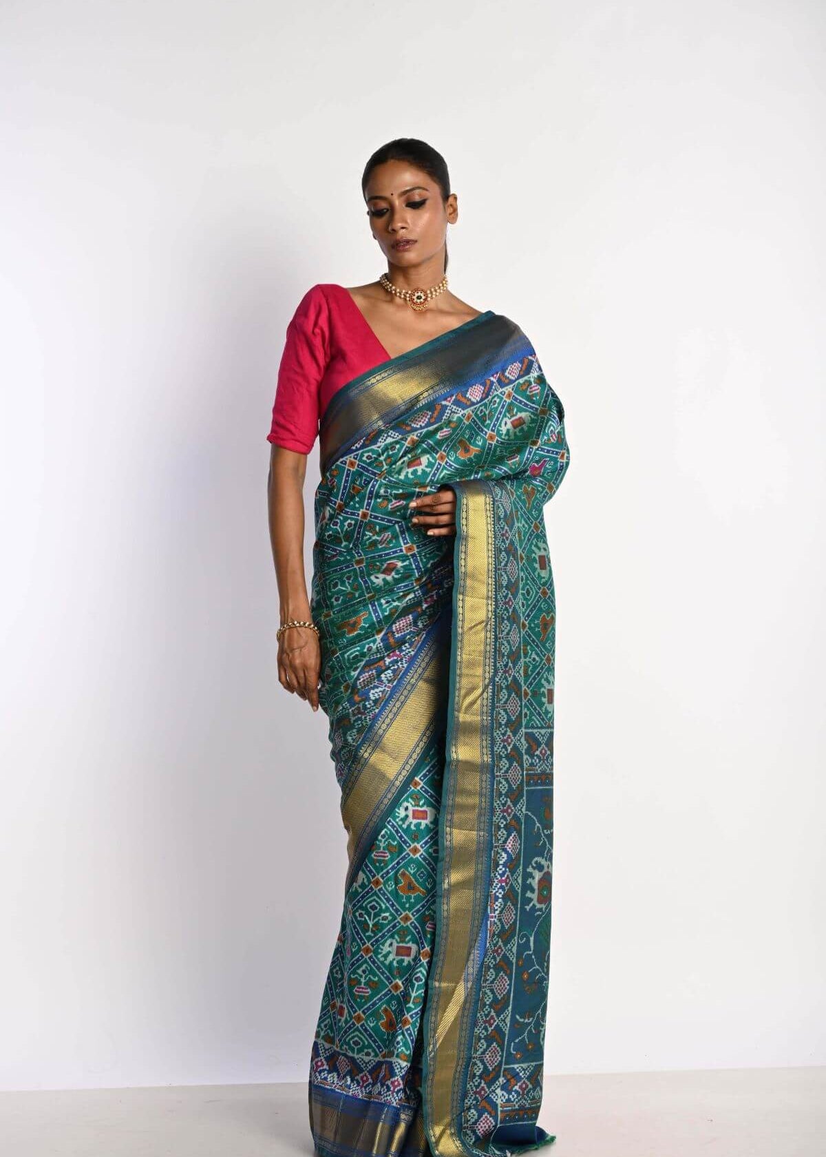 Blue Patola Silk Saree with Gold Zari Border - Anvi Couture