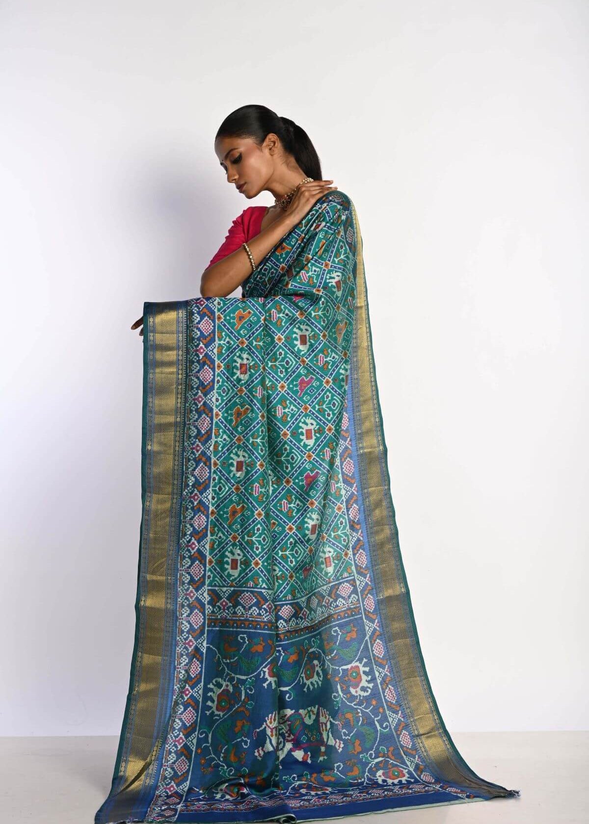 Blue Patola Silk Saree with Gold Zari Border - Anvi Couture
