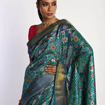 Blue Patola Silk Saree with Gold Zari Border - Anvi Couture