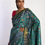 Blue Patola Silk Saree with Gold Zari Border - Anvi Couture