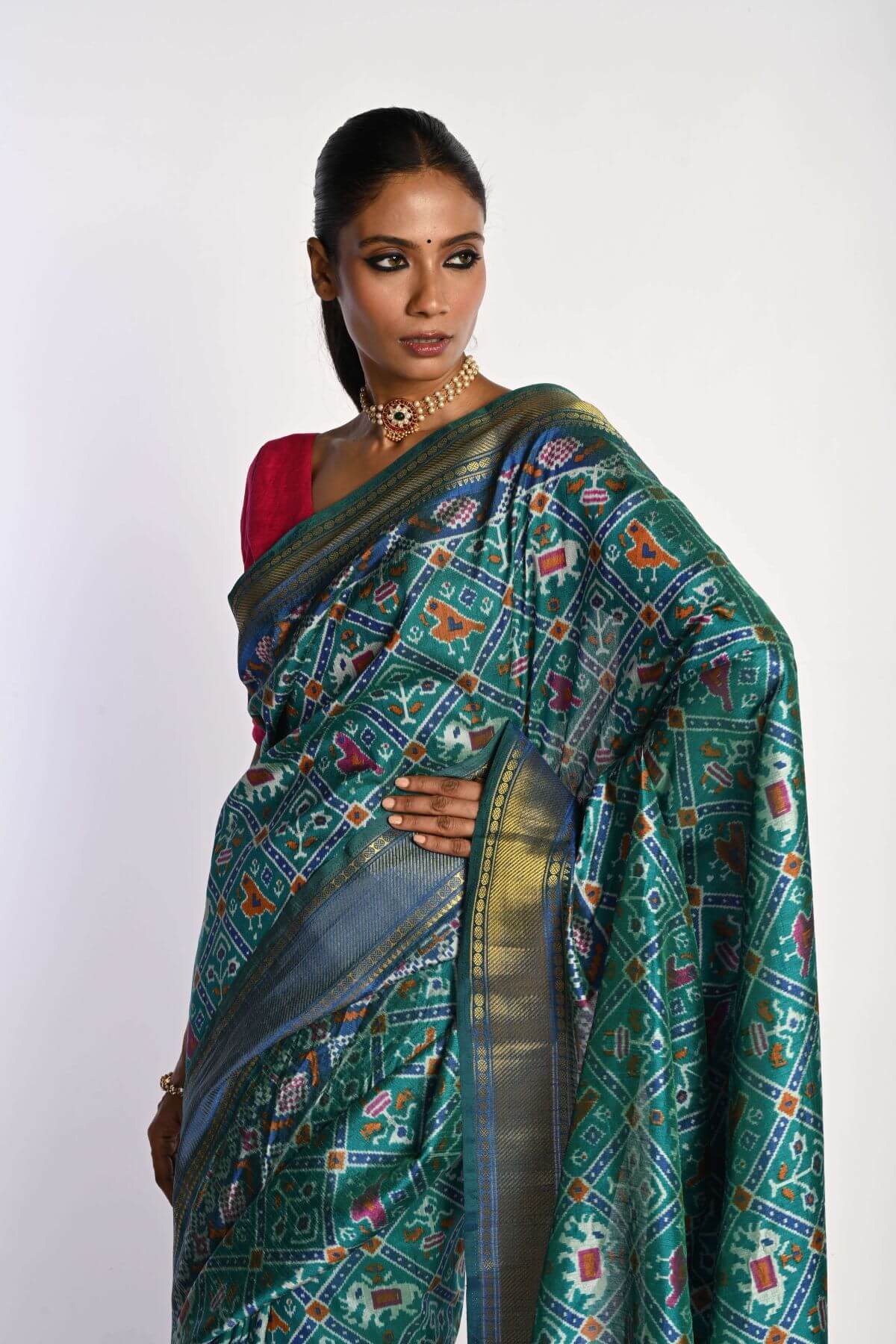 Blue Patola Silk Saree with Gold Zari Border - Anvi Couture