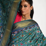 Blue Patola Silk Saree with Gold Zari Border - Anvi Couture