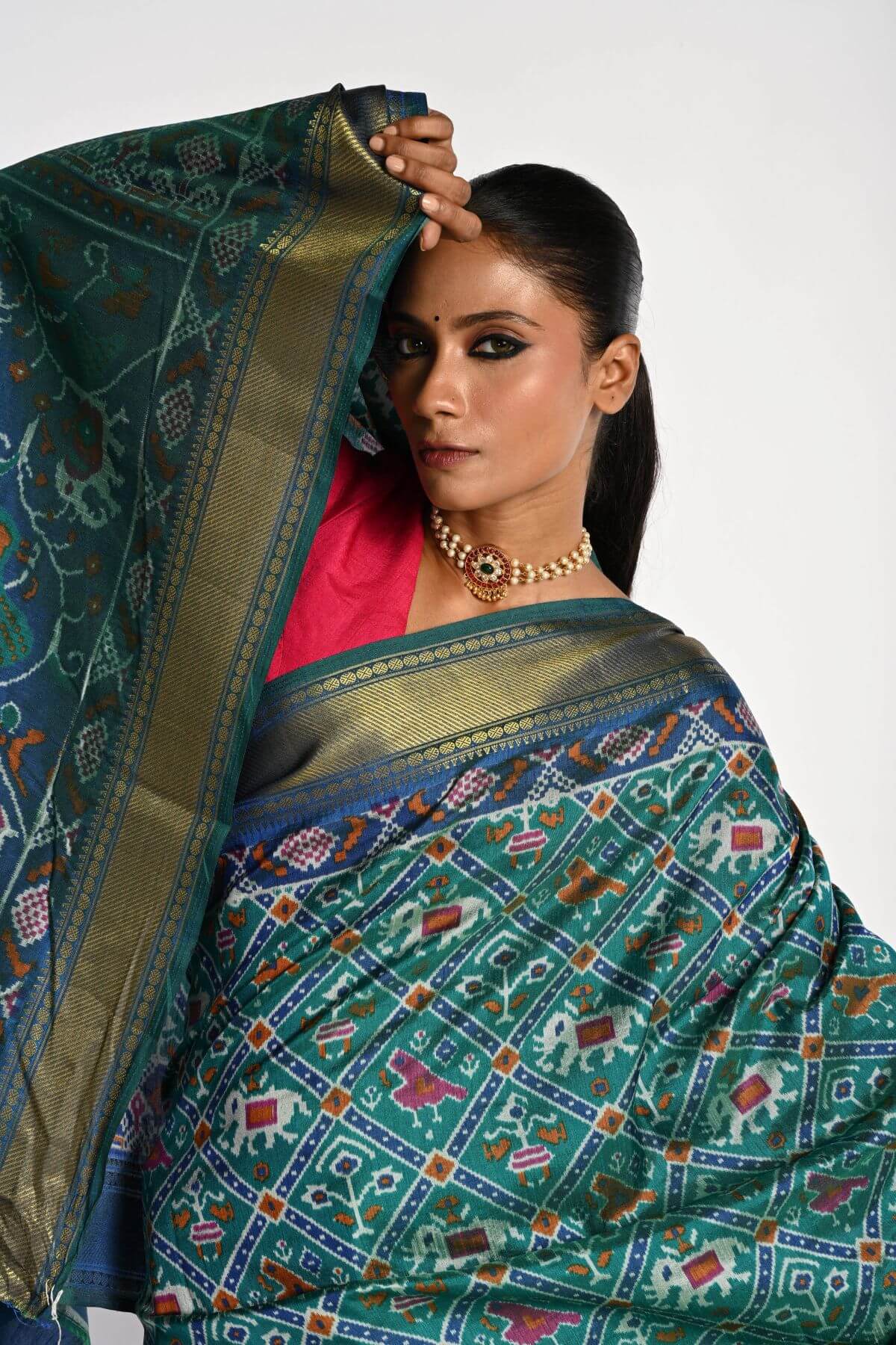 Blue Patola Silk Saree with Gold Zari Border - Anvi Couture