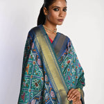 Blue Patola Silk Saree with Gold Zari Border - Anvi Couture