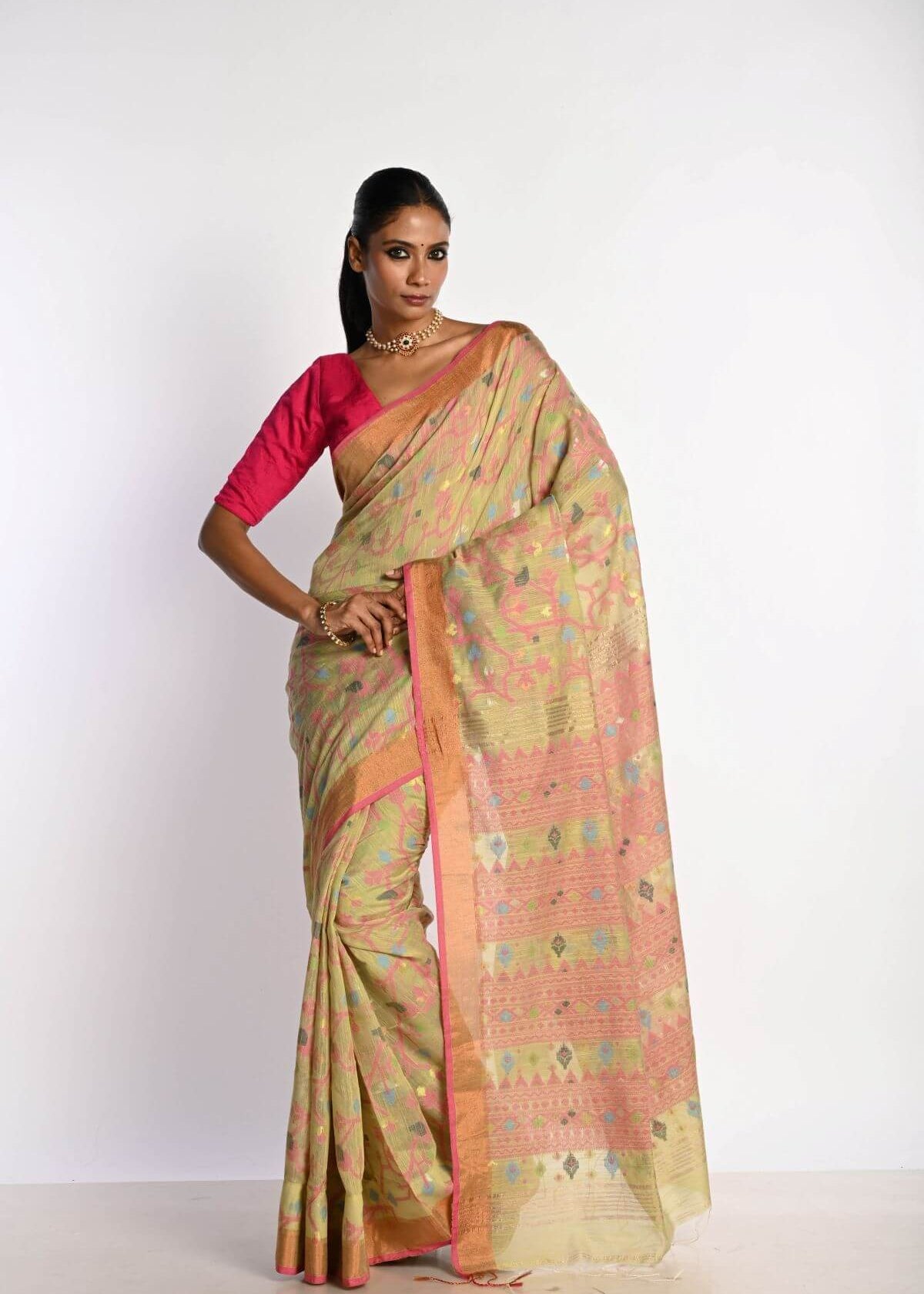 Pista Green Tant Jamdani Saree with All Over Floral Motifs - Anvi Couture